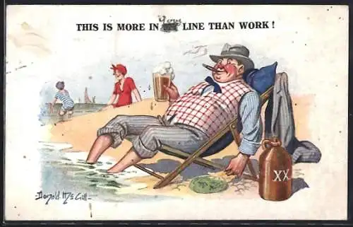 Künstler-AK Donald McGill: Mann sitzt mit Alkohol am Strand, This is more in my line than work!