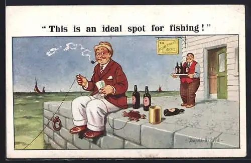 Künstler-AK Donald McGill: Mann sitzt am Wasser vor einem Pub, This is an ideal spot for fishing