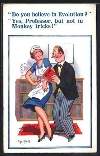 Künstler-AK Donald McGill: Mann versucht mit Frau zu flirten, Do you believe in Evolution?