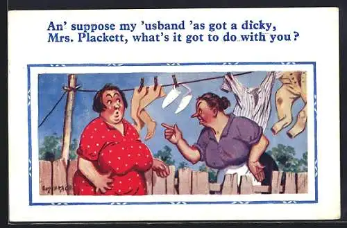 Künstler-AK Donald McGill: Zwei Frauen streiten am Zaun, An` suppose my `usband `as got a dickey...