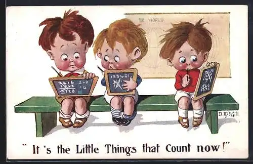 Künstler-AK Donald McGill: Kinder mit Schiefertafeln, It`s the Little Things that count now!