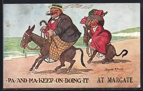 Künstler-AK Donald McGill: Paar auf Eseln am Strand, Pa and Ma keep on doing it