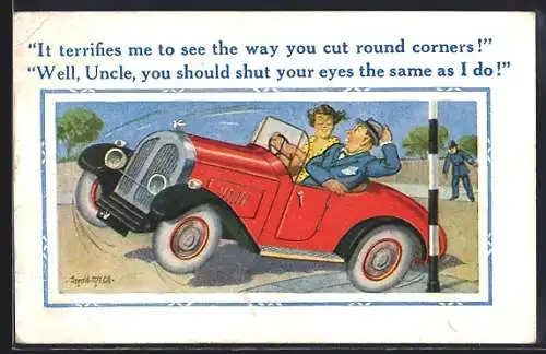 Künstler-AK Donald McGill: Frau und Mann sitzen im Auto, It terrifies me to see the way you cut round corners!