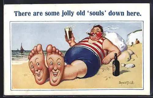 Künstler-AK Donald McGill: Mann sitzt mit Bier am Strand, There are some jolly old souls down here
