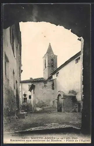 AK Sainte-Agnès, Place de l`Église et vue du clocher