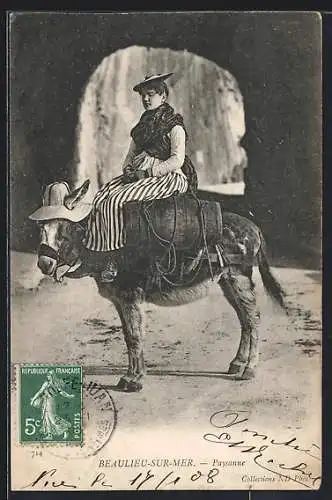 AK Beaulieu-sur-Mer, Paysanne à dos d`âne portant un chapeau élégant