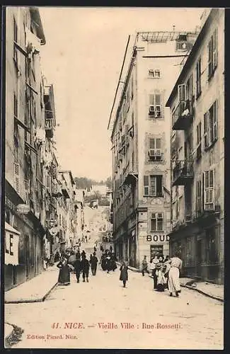 AK Nice, Vieille Ville: Rue Rossetti animée avec passants et bâtiments historiques