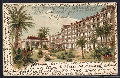 AK Cannes, Hôtel Gray & d`Albion avec jardins luxuriants et palmiers