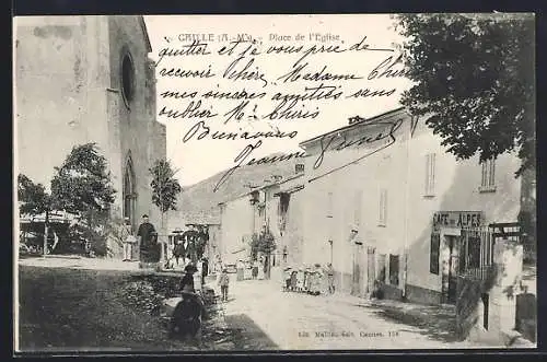 AK Chille, Place de l`Église avec passants et café des Alpes