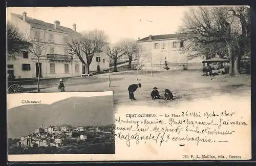 AK Châteauneuf, La Place avec enfants jouant et vue du village en arrière-plan