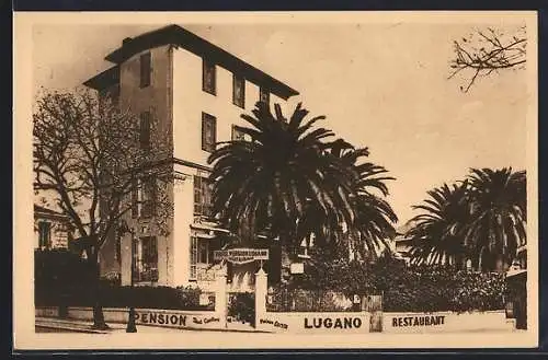 AK Nice, Hôtel-Pension Lugano sur le boulevard Augueste-Reynaud avec palmiers et jardin