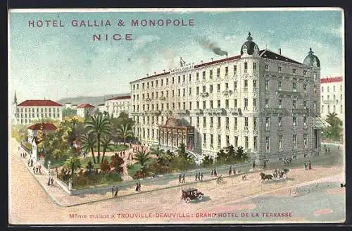 AK Nice, Hôtel Gallia & Monopole avec voitures et palmiers en avant-plan