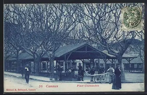 AK Cannes, Place Châteaudun avec marché et passants sous les arbres