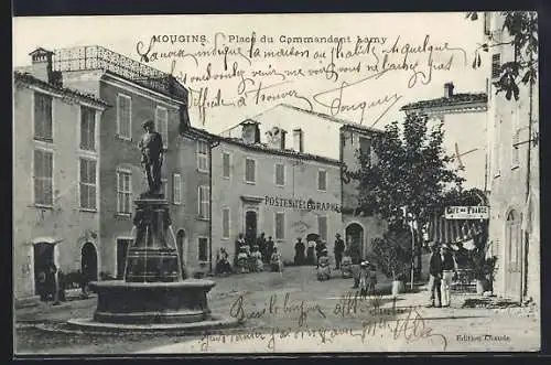 AK Mougins, Place du Commandant Lamy avec fontaine et statue