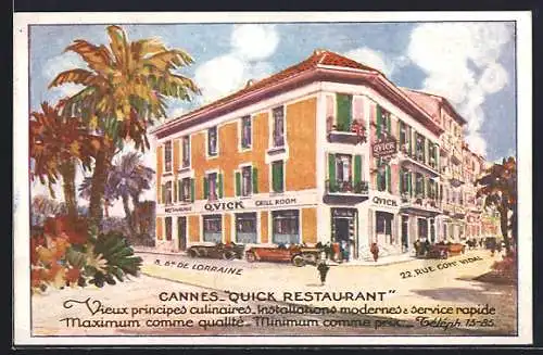 Künstler-AK Cannes, Quick Restaurant à l`angle de la rue Lorraine et rue Commandant Vidal