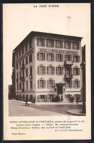 AK Nice, Hôtel d`Interlaken et Provence sur l`Avenue Durante