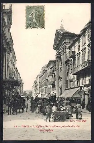 AK Nice, L`Église Saint-Francois-de-Paule et l`Opéra avec marché animé