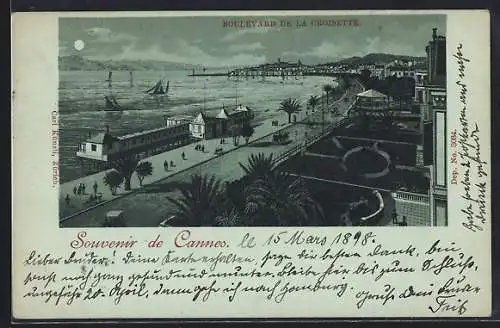 Mondschein-AK Cannes, Boulevard de la Croisette avec vue sur la mer et les voiliers