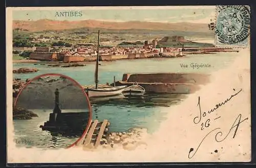 AK Antibes, Vue générale avec phare et voilier en premier plan