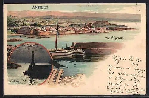 AK Antibes, Vue générale et le phare avec voiliers dans le port