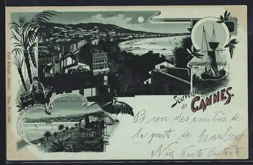 Mondschein-AK Cannes, Souvenir avec vue de la ville et du port, bateau à voile au premier plan