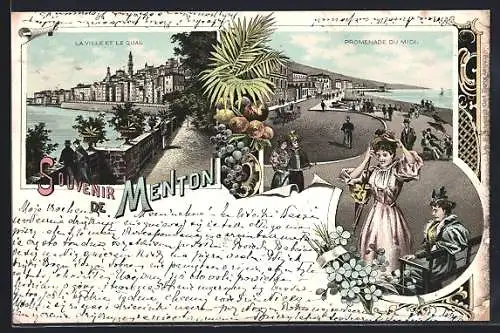 AK Menton, Souvenir avec la ville, le quai et la Promenade du Midi