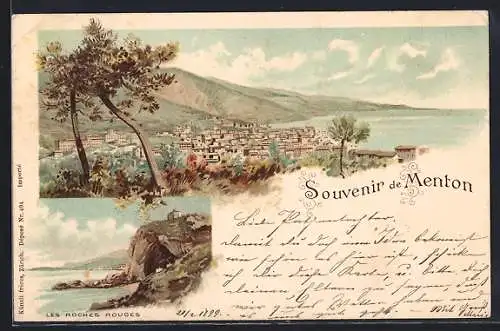 AK Menton, Souvenir de Menton avec vue des roches rouges et de la ville côtière