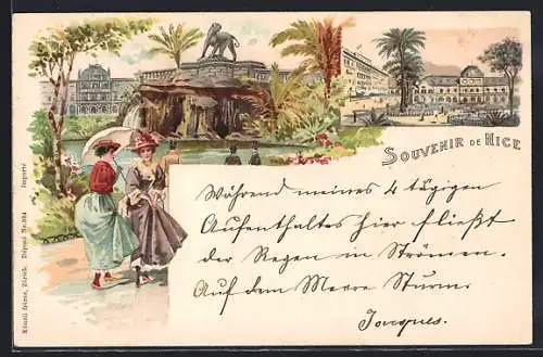 AK Nice, Promenade et fontaine avec dames élégantes
