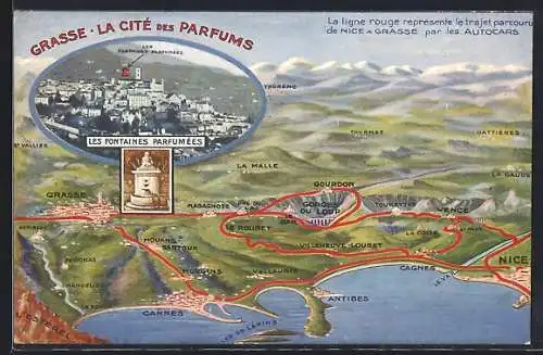 AK Grasse, La Cité des Parfums et les Fontaines Parfumées, carte illustrée du trajet Nice-Grasse