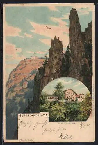 Lithographie Hexentanzplatz, Hotel Rosstrappe und Berglandschaft