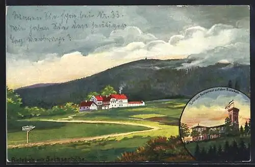 Künstler-AK Beiersdorf /O. L., Turm und Restaurant auf dem Bieleboh, Inh. Emil Kalauch, Sachsenhöhe