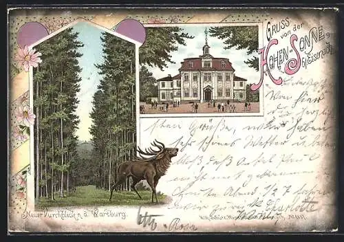 Lithographie Eisenach, Gasthaus Hohe Sonne, Neuer Durchblick zur Wartburg mit Hirsch