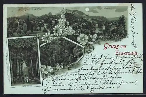 Mondschein-Lithographie Eisenach, Ortspartie mit Hellthal und Marienthal, Hohe Sonne, Annathal