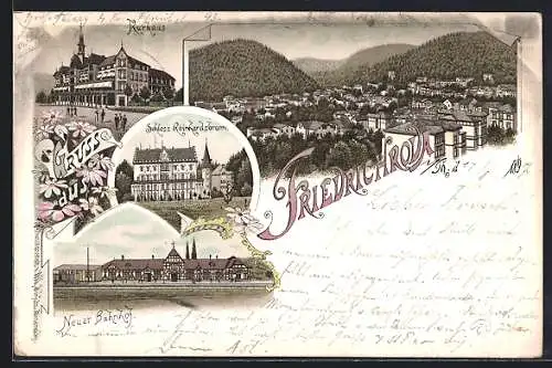 Lithographie Friedrichroda, Schloss Reinhardsbrunn, Kurhaus und Neuer Bahnhof