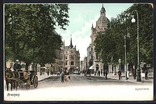 AK Bremen, Die Sögestrasse mit Strassenbahn und Kutsche