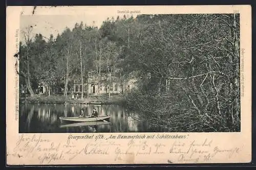 AK Georgenthal i. Th., Am Hammerteich mit Gasthof Schützenhaus und Ruderboot