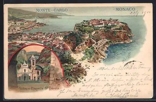 Lithographie Monaco, Vallon et Chapelle Ste-Devote, Ortsansicht aus der Vogelschau