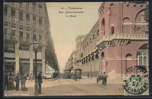 AK Toulouse, Strassenpartie mit Pferdebahn, Rue Alsace-Lorraine, Le Musee