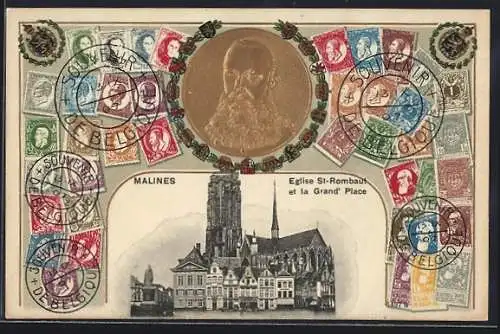 AK Malines, Eglise St-Rombaut et la Grand` Place, Wappen und Briefmarken