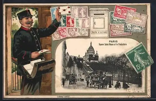 Passepartout-Lithographie Paris, Square Saint-Pierre et le Funiculaire, Postbote, Briefmarken