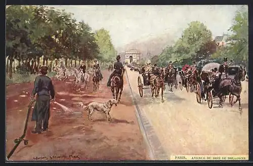 Künstler-AK Georges Stein: Paris, Avenue du Bois de Boulogne, Pferdekutschenkolonne