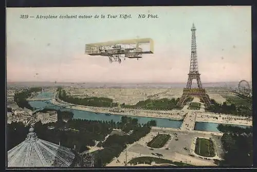 AK Paris, Aeroplane evoluant autour de la Tour Eiffel
