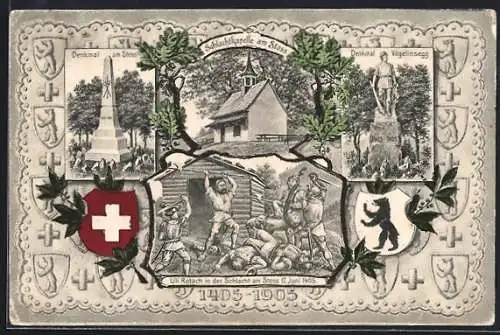 AK Stoss, Schachtkapelle, Denkmal Vögelinsegg, Uli Rotach in der Schlacht 1405