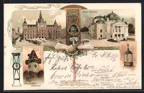 Lithographie Graz, Rathaus, Stadtthetaer, Landhausbrunnen, 6. Deutsche Sängerbundesfest