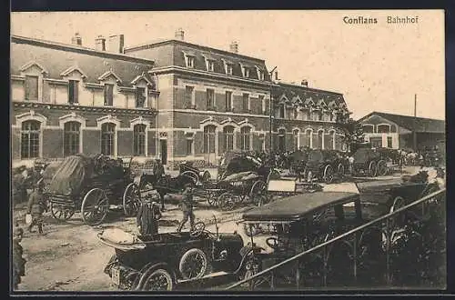 AK Conflans, Bahnhof mit dt. Soldaten, Pferdegespanne