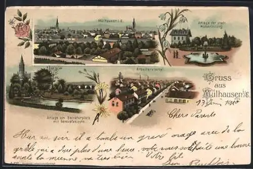 Lithographie Mülhausen, Anlage am Salvatorplatz, Arbeiterviertel, Totalansicht aus der Vogelschau