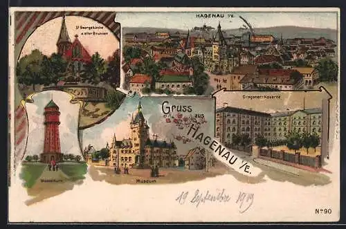 AK Hagenau, Wasserturm, Museum, St Georgskirche u. alter Brunnen
