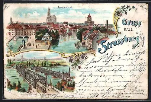 Lithographie Strassburg, Neue Rheinbrücke u. Eisenbahnbrücke, Totalansicht