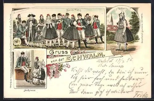 Lithographie Schwalm, Männer, Frauen und Kinder in schwälmer Tracht