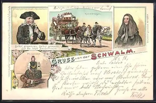 AK Gruss von der Schwalm, Frau am Spinnrad, Kammerwagen, Alte Schwälmer Fest- und Kirchentracht